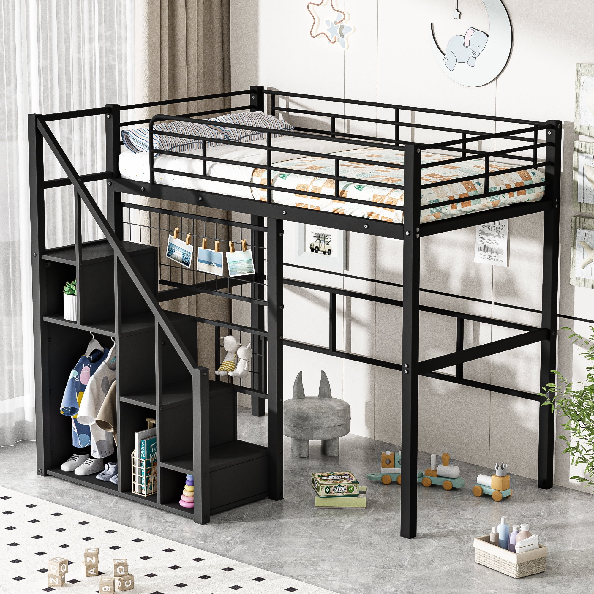 New Twin Size Metal Loft Bed Metal Loft Bed with Built-in Wardrobe ...
