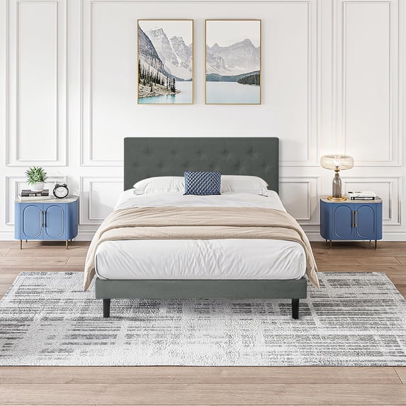 New Twin Size Upholstered Platform Bed Frame with Modern Button Tufted Linen Fabric Headboard, No Box Spring Needed, Wood Slat Support, Easy Assembly, Drak Grey
