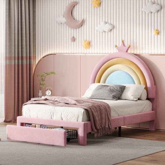 New Twin Size Upholstered Rainbow Design Bed, Velvet Princess Platform Bed with Storage Drawer, No Box-spring Needed,Colorful&Pink