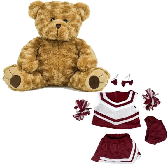 New Twist Bear 8-Inch Stuffed Toy in Maroon and White Cheerleader Outfit - Features Top, Skirt, and 2 Pom Poms - Perfect Cheerleading Plush Toy for Children