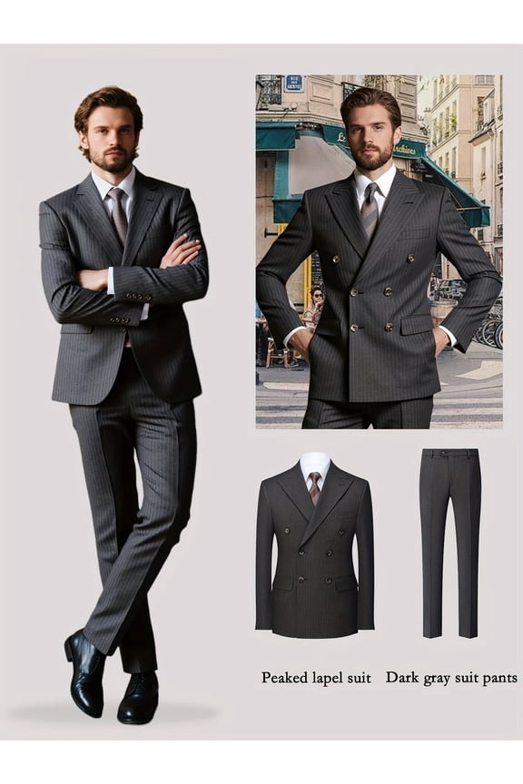 New Two-piece Men'S Suit: Suit Jacket+pants Set, Double Row Buttons, Formal Business Suit For Groom, Ball And Special Events | High Quality Fabric, British Style, Elegant And Fashionable