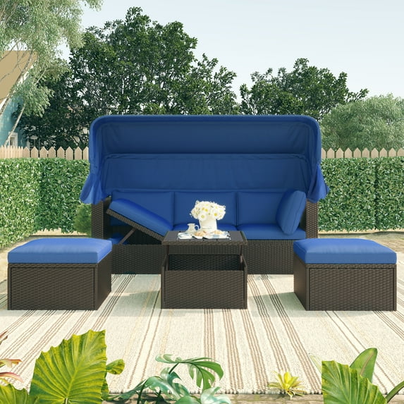 New U_Style Outdoor Patio Rectangle Daybed with Retractable Canopy, Wicker Furniture Sectional Seating with Washable Cushions, Backyard, Porch