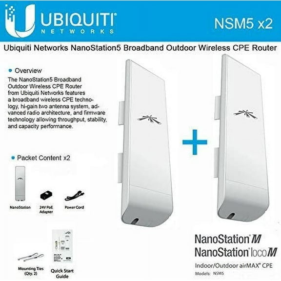 New Ubiquiti NSM5 Bundle of 2 NanoStation M5 5GHz Outdoor airMAX CPE 150+Mbps 15+km
