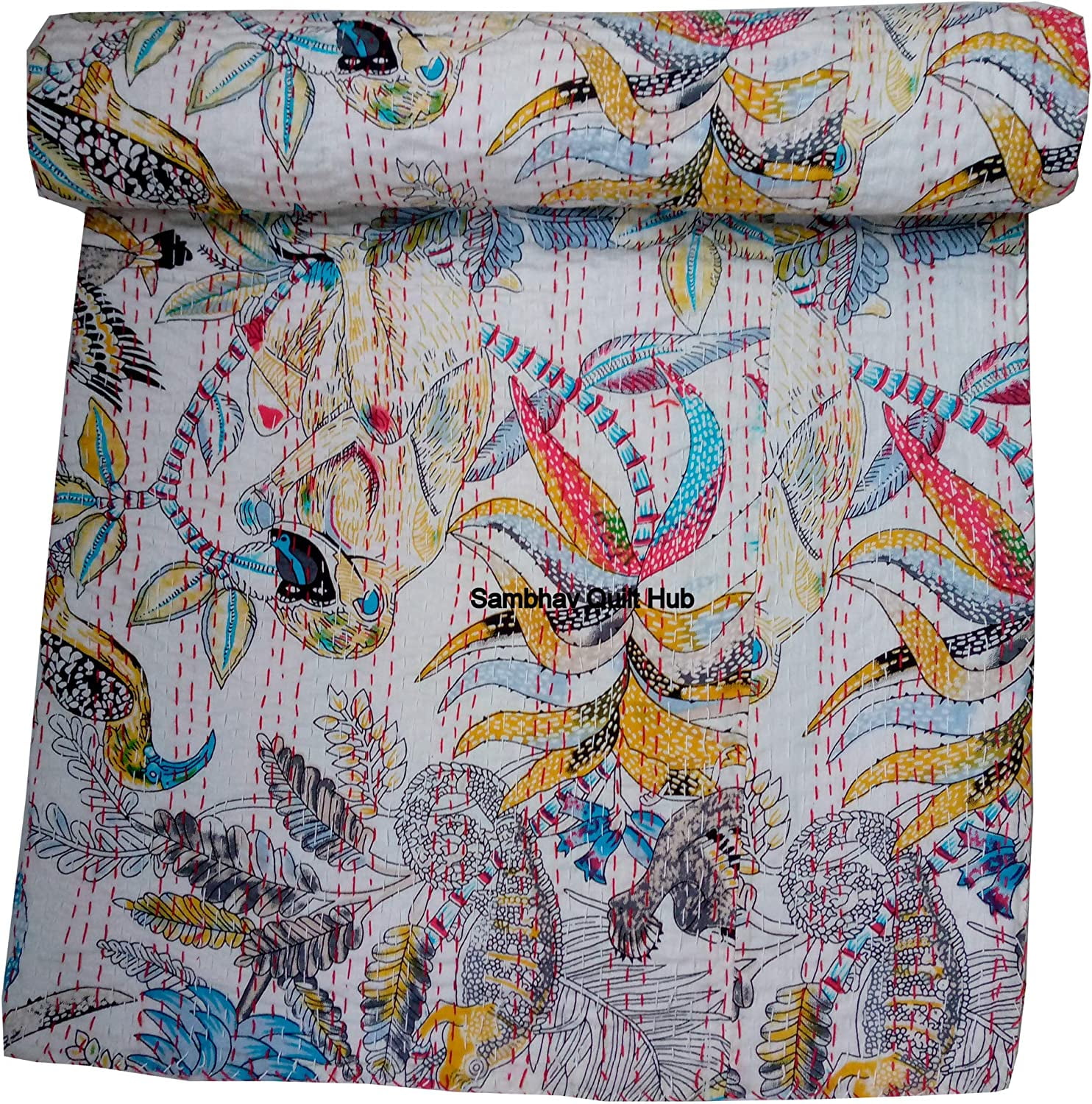Vinsan Home Indiase handgemaakte Kantha gewatteerde vintage katoen quilt paradijs print boho sprei deken sprei deken beddengoed thuis decoratieve gudri (Twin Size 152,4 x 228,6 cm, blauw Vinsan Home Indiase handgemaakte Kantha gewatteerde vintage katoen quilt paradijs print boho sprei deken sprei deken beddengoed thuis decoratieve gudri (Twin Size 152,4 x 228,6 cm, blauw