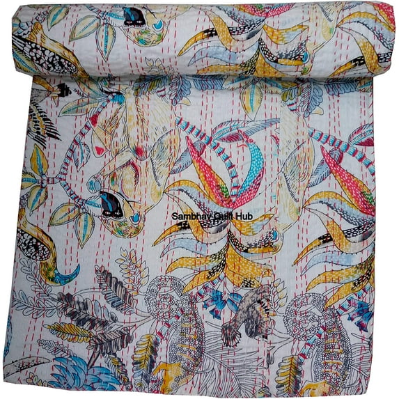 New Unique Monkey Floral Print Cotton Handmade Kantha Quilt Bohemain Decor Queen Size / King Size / Twin Size Bedspread Boho Coverlet Throw Blanket