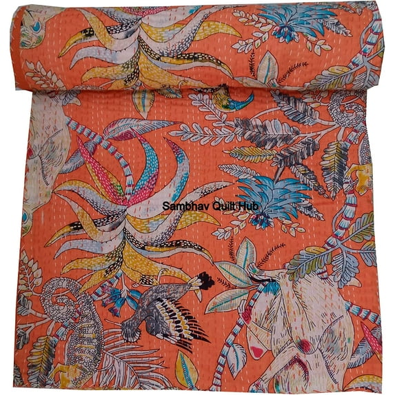New Unique Monkey Floral Print Cotton Handmade Kantha Quilt Bohemain Decor Queen Size / King Size / Twin Size Bedspread Boho Coverlet Throw Blanket