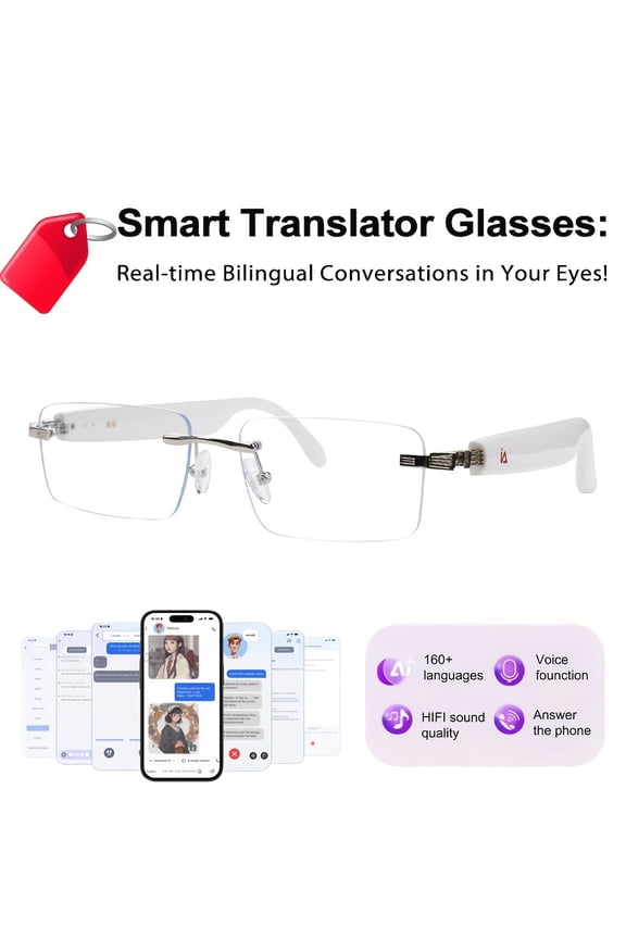 New Unisex AI Smart Glasses - 160-Language Real-Time Two-Way Translation, Borderless Design, Built-in Mic