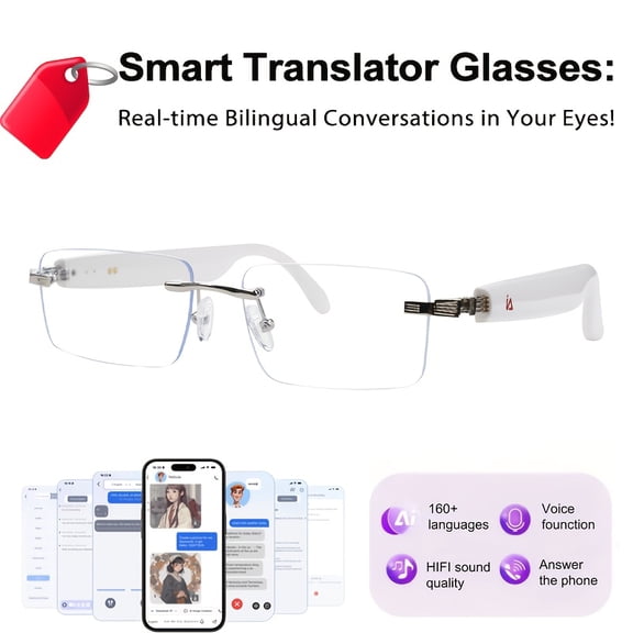 New Unisex AI Smart Glasses - 160-Language Real-Time Two-Way Translation, Borderless Design, Built-in Mic