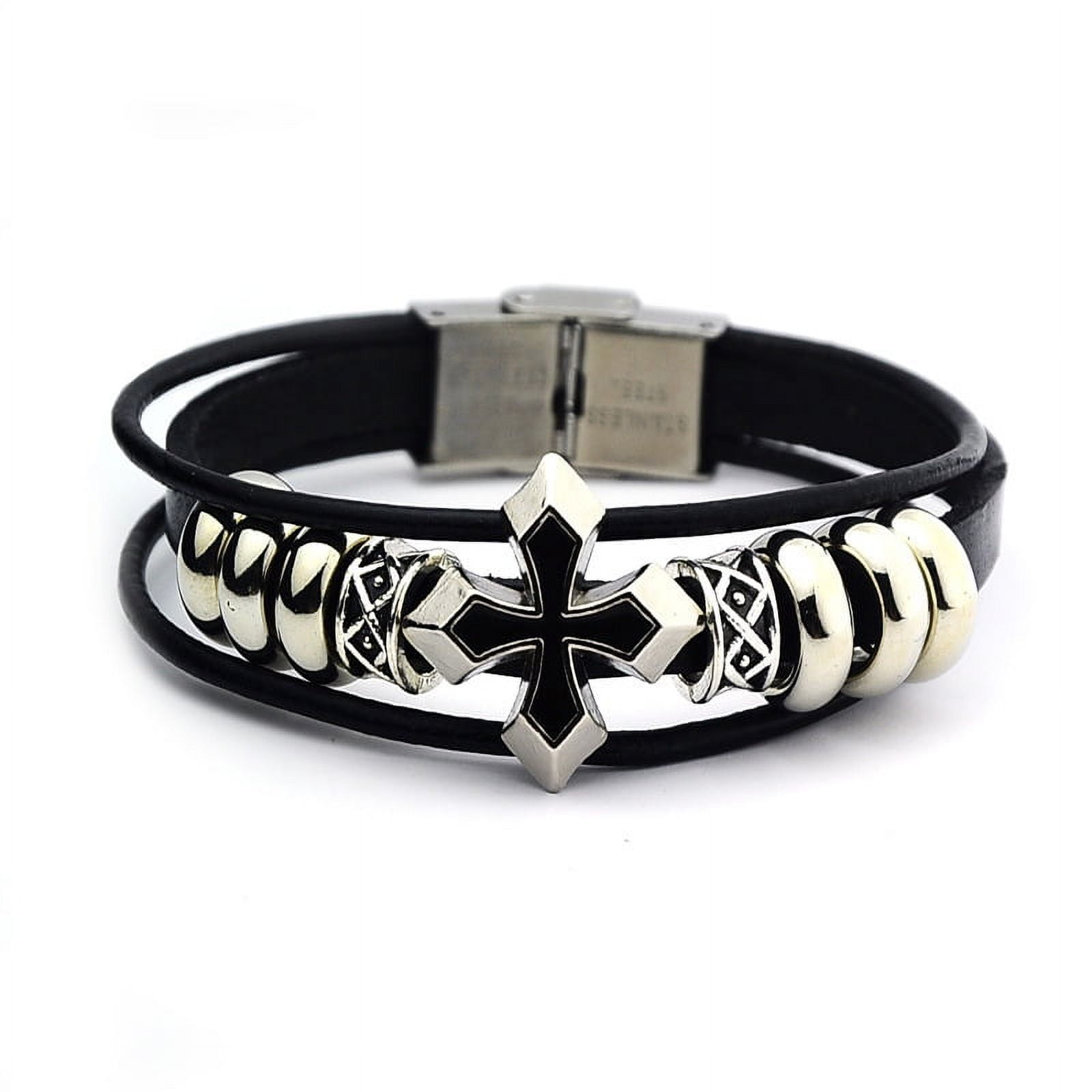 New Unisex Stainless Steel Silver & Leather Black Cross Bracelet Great ...