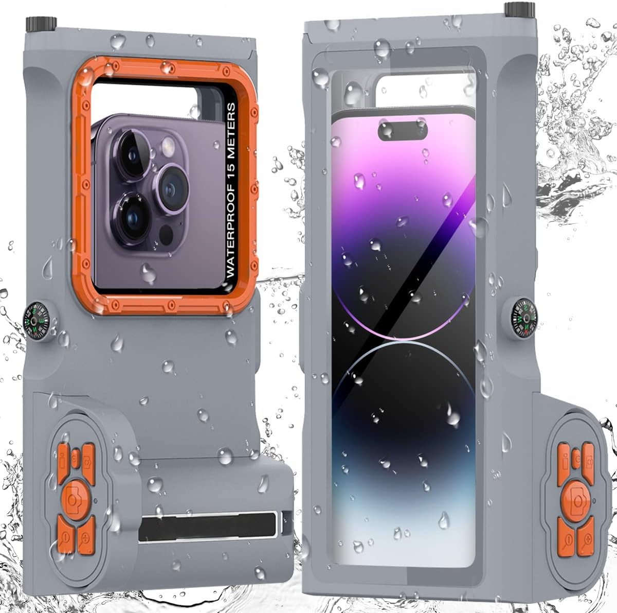 New Updated Extreme Waterproof Underwater Diving, Snorkel Phone Case with Bluetooth Remote Control for All iPhone (Max, Plus, S), Samsung, LG, Google, Android Up to 50Ft, 15M with Lanyard Gray&Orange