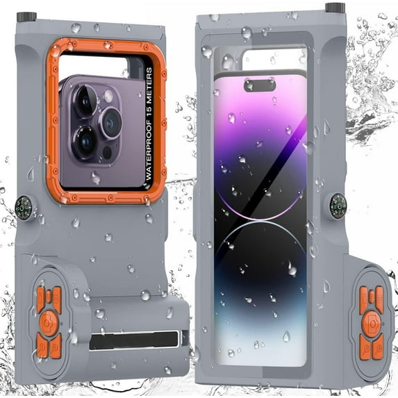 New Updated Extreme Waterproof Underwater Diving, Snorkel Phone Case with Bluetooth Remote Control for All iPhone (Max, Plus, S), Samsung, LG, Google, Android Up to 50Ft, 15M with Lanyard Gray&Orange