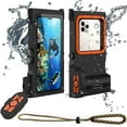 thumbnail image 1 of New Updated Extreme Waterproof Underwater Diving, Snorkel Phone Case with Bluetooth Remote Control for All iPhone (Max, Plus, S), Samsung, LG, Google, Android Up to 50Ft, 15M with Lanyard Black&Orange, 1 of 10