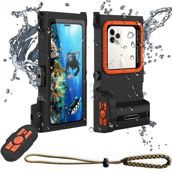 New Updated Extreme Waterproof Underwater Diving, Snorkel Phone Case with Bluetooth Remote Control for All iPhone (Max, Plus, S), Samsung, LG, Google, Android Up to 50Ft, 15M with Lanyard Black&Orange