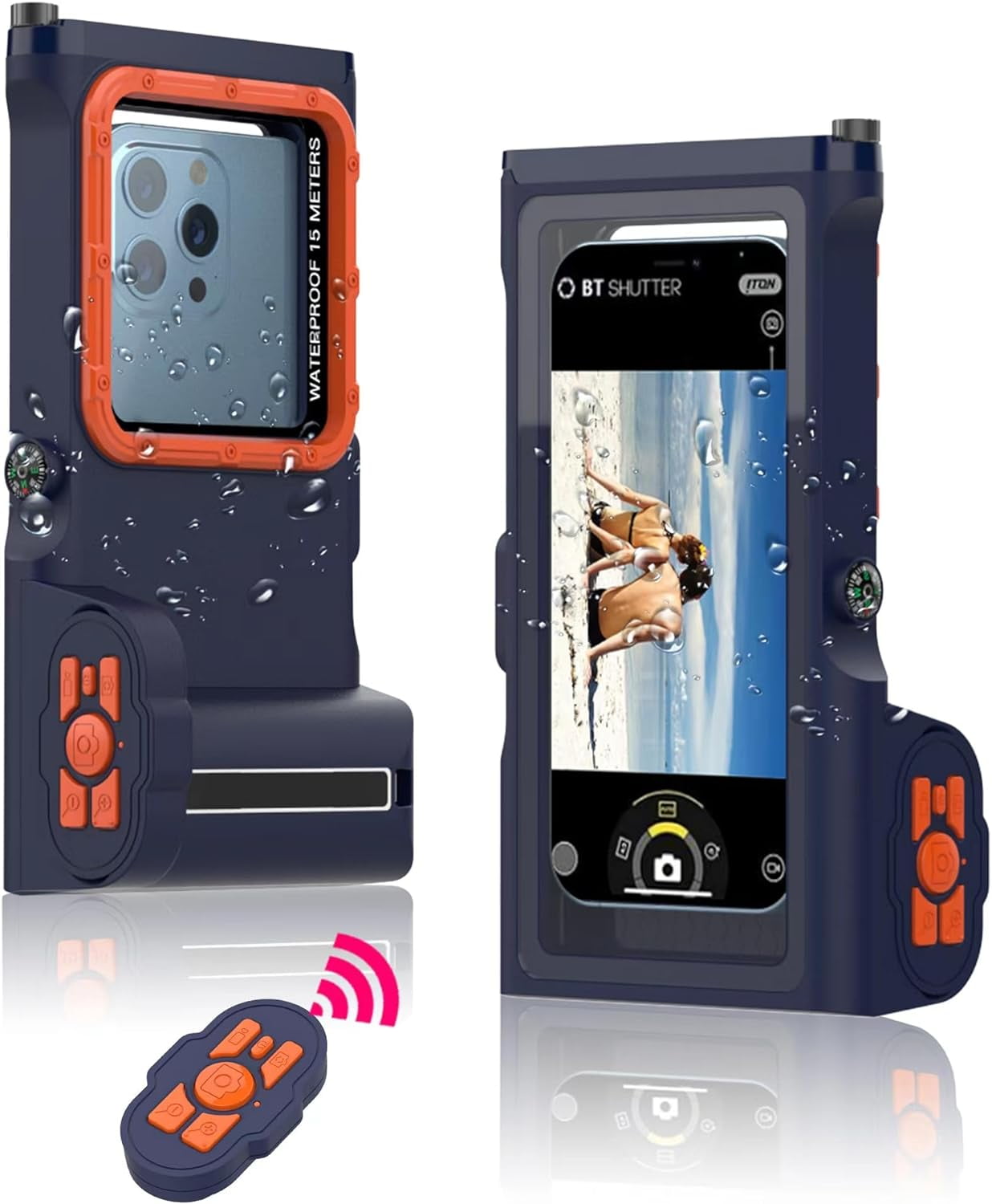 New Updated Extreme Waterproof Underwater Diving, Snorkel Phone Case with Bluetooth Remote Control for All iPhone (Max, Plus, S), Samsung, LG, Google, Android Up to 50Ft, 15M with Lanyard Blue&