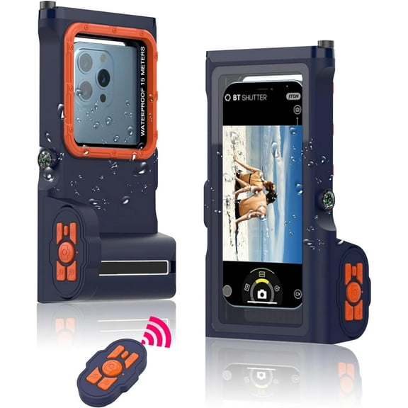 New Updated Extreme Waterproof Underwater Diving, Snorkel Phone Case with Bluetooth Remote Control for All iPhone (Max, Plus, S), Samsung, LG, Google, Android Up to 50Ft, 15M with Lanyard Blue&