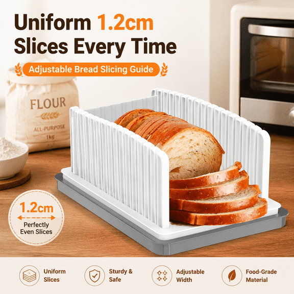 New Upgrade Bread Slicer, Adjustable Width Bread Slicing Guide, Foldable Compact Cutting Guide with Crumb Tray, for Homemade Bread Bagels Cakes
