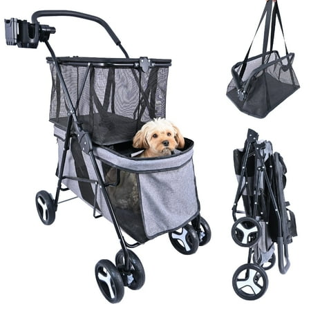 New Upgraded 2 in 1 Shopping Cart, Upper Layer for Shopping, Lower Layer for Pets, Foldable Shopping Cart with Wheels, Total Load Capacity 66lbs, Stroller Cart with Cup Holder