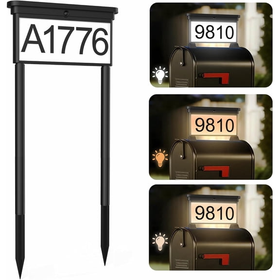 New Upgraded Solar Address Sign,Double Sided Glow House Numbers with Auto On/Off, 3-Color Lighting Modes Mailbox Number Plaque Waterproof, Dual Stakes for Home Yard Driveway