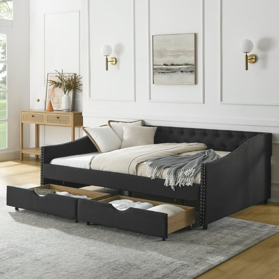 New Upholstered Daybed with Trundle, Full Size Daybed Frame, Button-Tufted Sofa Daybed,Modern Furniture for Bedroom Living Room