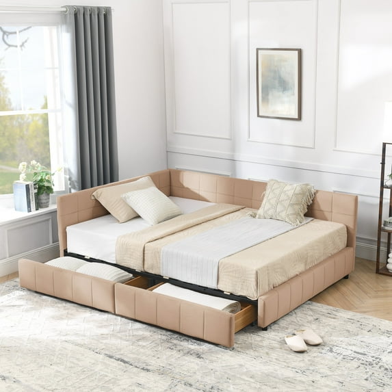 New Upholstered Full Size Daybed with Storage, Linen Fabric Bedframe w/Headboard & Wood Slat Support for Adult, Dormitory, Bedroom, No Box Spring Needed