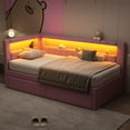 thumbnail image 1 of New Upholstered Twin Size Platform Bed with USB Ports and LED Belt, With 2 Drawers, Pink, 1 of 9