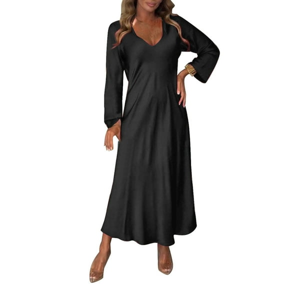 New V Neck Long Sleeve Autumn Solid Color Sexy Long Dress, Silk-like, Cowl Neck, Sleeveless, for Formal & Casual Occasions