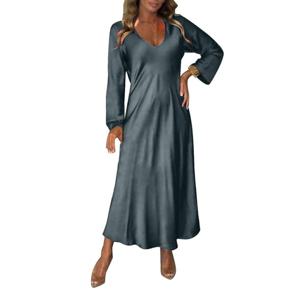 New V Neck Long Sleeve Autumn Solid Color Sexy Long Dress, Silk-like, Cowl Neck, Sleeveless, for Formal & Casual Occasions