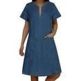 thumbnail image 1 of New V Neck Pleated Pocket Short Sleeved Denim Dress For Women Casual Dress, 1 of 4