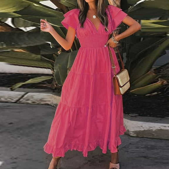 New V Neck Summer Fashion Ruffle Short Sleeve Large Swing Mid Length Dress Long Summer Dresses Women Summer Dresses for Women Casual Active Dress Woman Casual Daily Wear Dresses for Women Women Mini