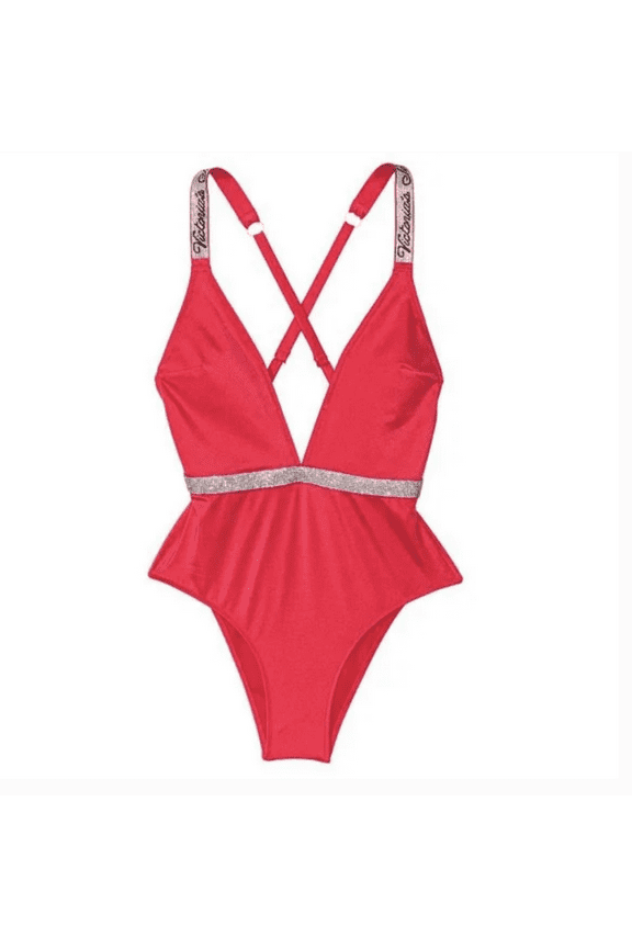 New VS BLING ONE PIECE SWIMSUIT Shine Strap Logo Rare Gorgeous Pink Red Medium