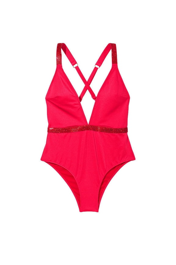 New VS BLING ONE PIECE SWIMSUIT Shine Strap Logo Rare Gorgeous Pink Red Small
