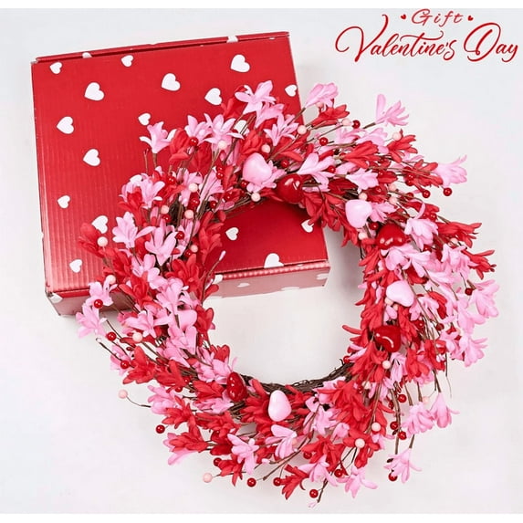 New Valentine's Day Wreath 22 Inch Valentines Day Wreaths for Front Door Valentine Door Wreath with Red Berries Pink Forsythia Flowers Red Tulip
