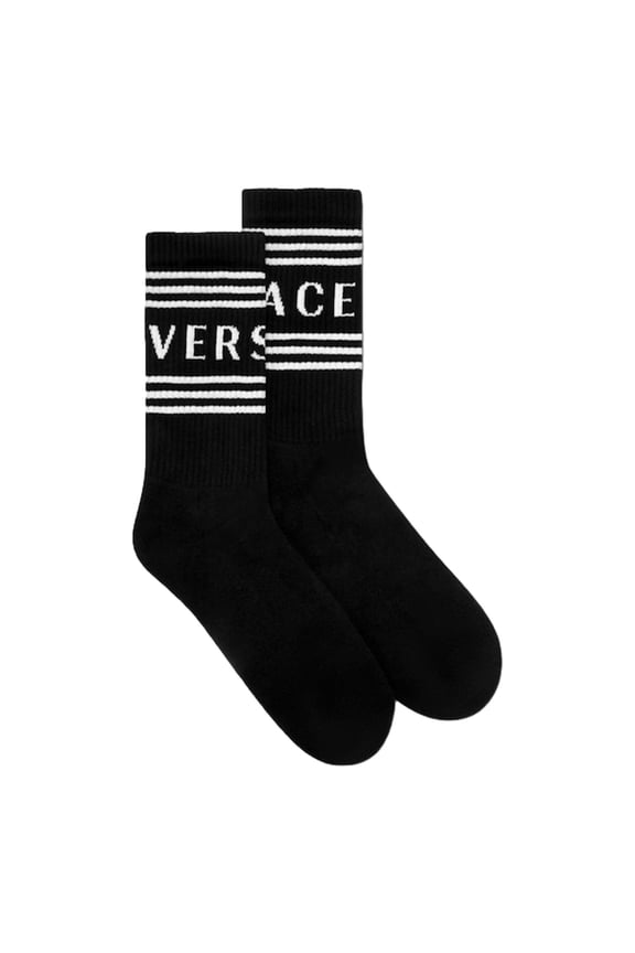 New Versace Black Cotton Tube Socks with White Vintage Logo Size Medium