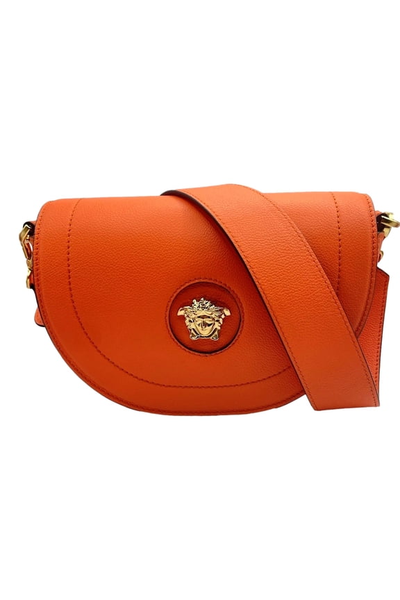 New Versace Half Moon La Medusa Orange Leather Crossbody Handbag Adjustable Strap