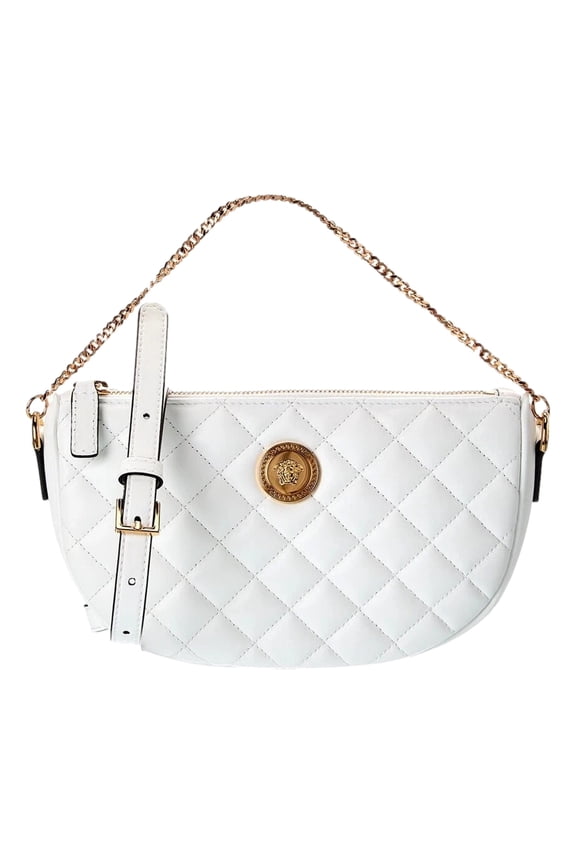New Versace La Medusa White Quilted Nappa Leather Shoulder Bag Gold Hardware Chain Strap