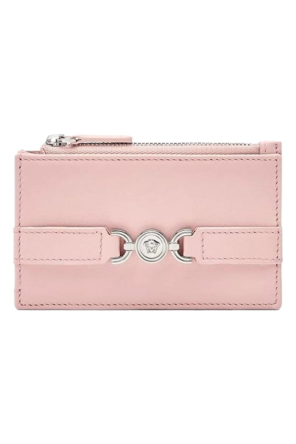 New Versace Medusa 95 Dusty Pink Leather Zipper Card Holder Slim Wallet with Multiple Card Slots Made in Italy