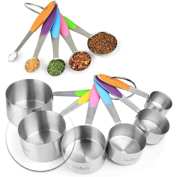 New Version! 11 Piece Measuring Cups And Spoons Set by Laxinis World | Sturdy Stainless Steel Stackable 6 Cups and 5 Spoons with Soft Silicone Handles to Measure Dry and Liquid Ingredie