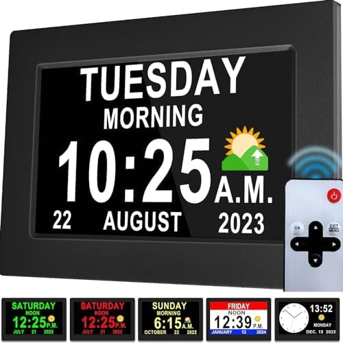 New Version] 7 Inch Day Clock - 19 Alarms,20 Custom Reminder, Remote Control, Level 10 Auto Dimmable Display Calendar Clock, Non-Abbreviated Day Date Alarm Clock for Impaired Vision Dementia Seniors