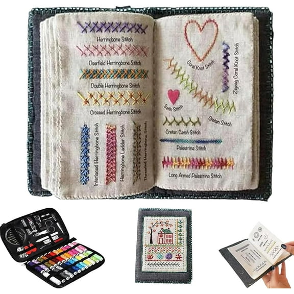 New Version Embroidery Stitch Book Kit for Beginners, All-in-One 106 Patterns & Complete Toolkit with Thread, Needles, Scissors, Portable Hand Embroidery & Cross Stitch Learning Guide