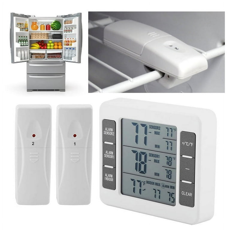 New Version) Wireless Refrigerator Thermometer, Indoor Outdoor Thermometer  with 2 Wireless Sensors, Temperature Monitor for Freezer Kitchen Home 