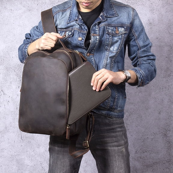 New Vintage Backpack First Layer Cowhide Simple Fashion,Dark Coffee Color