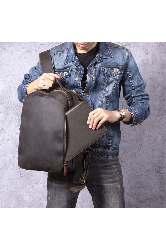 New Vintage Backpack First Layer Cowhide Simple Fashion,Dark Coffee Color