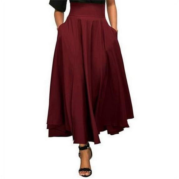 New Vintage Fashion Elegant Women Stretch High Waist Plain Skater Flared Pleated Long Smooth Skirt Summer Dress