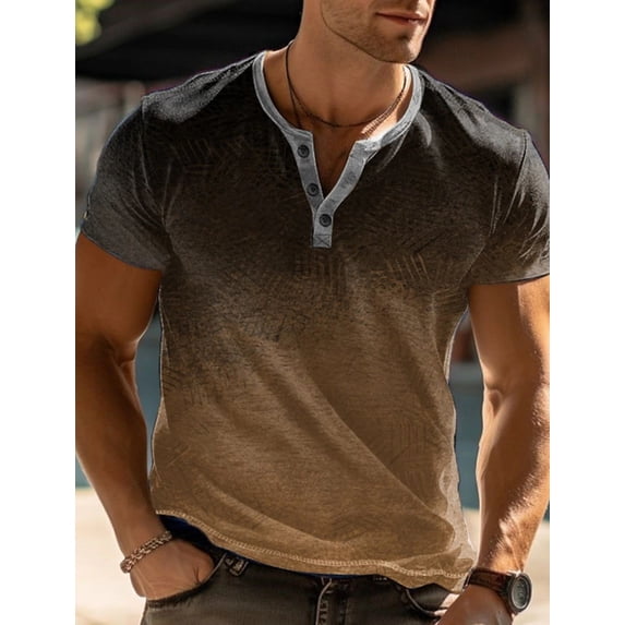 New Vintage Mens T Shirt 3D Fashion Gradient T Shirt Oversized Casual Button Short Sleeve Summer Fashion Street Men‘s V Neck Top