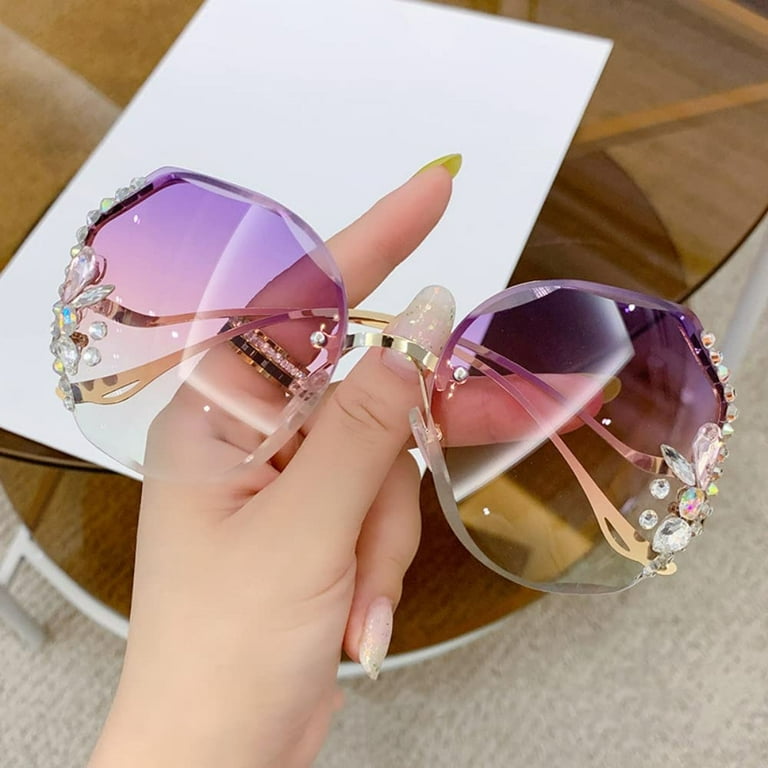 New Vintage Rimless Diamond Sunglasses, Women Oversized Rimless