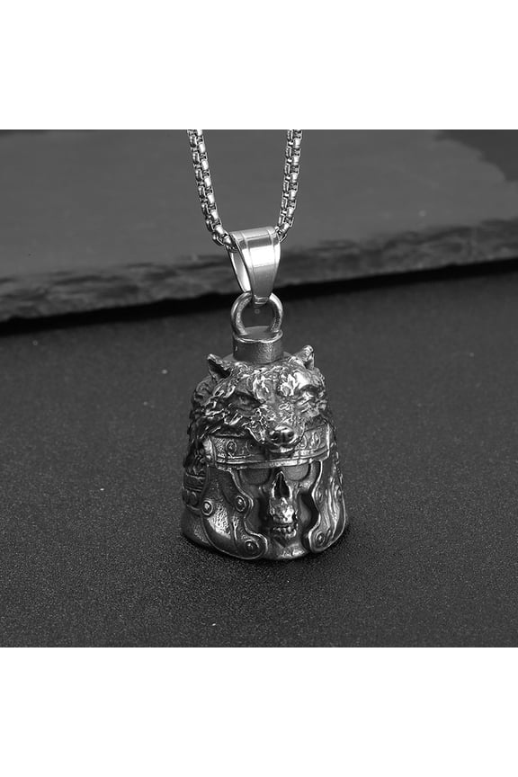 New Vintage Vikings Warrior With Wolf Head Bell Pendant For Men 14K White Gold Nordic Amulet Motorcycle Jewelry Gifts