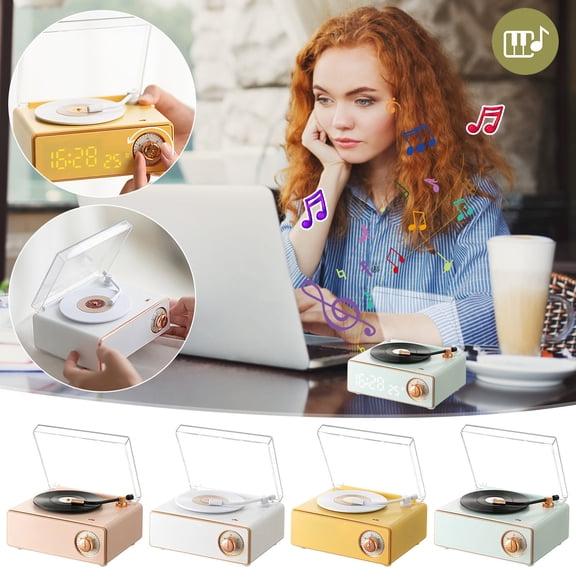 New Vintage Vinyl Bluetooth Speaker, Portable Phonograph Wireless Audio Player, Alarm Clock with Wireless Charging, Outdoor Travel Camping Music Player Yellow