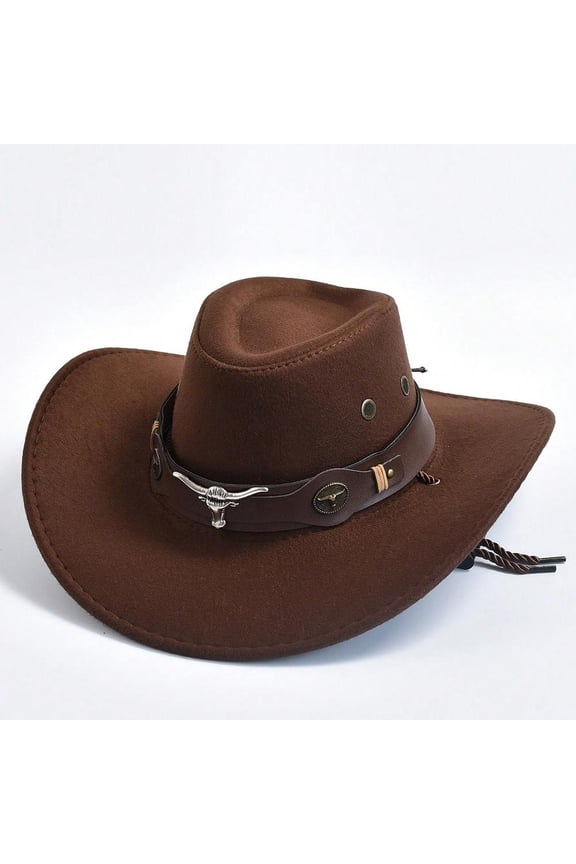 New Vintage Western Cowboy Hat Suede Cowgirl Hat Ox Head Belt Rivet Fedora Hats for Men Women Outdoor Travel Wide Brim Sun Cap