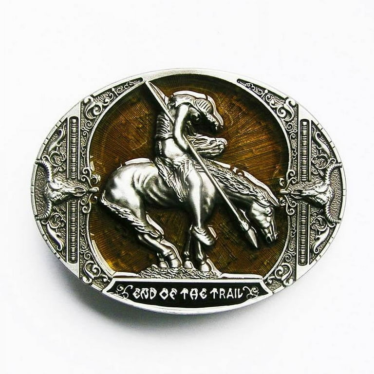 New Vintage Yellow Enamel End Of The Trail Western Oval Belt Buckle