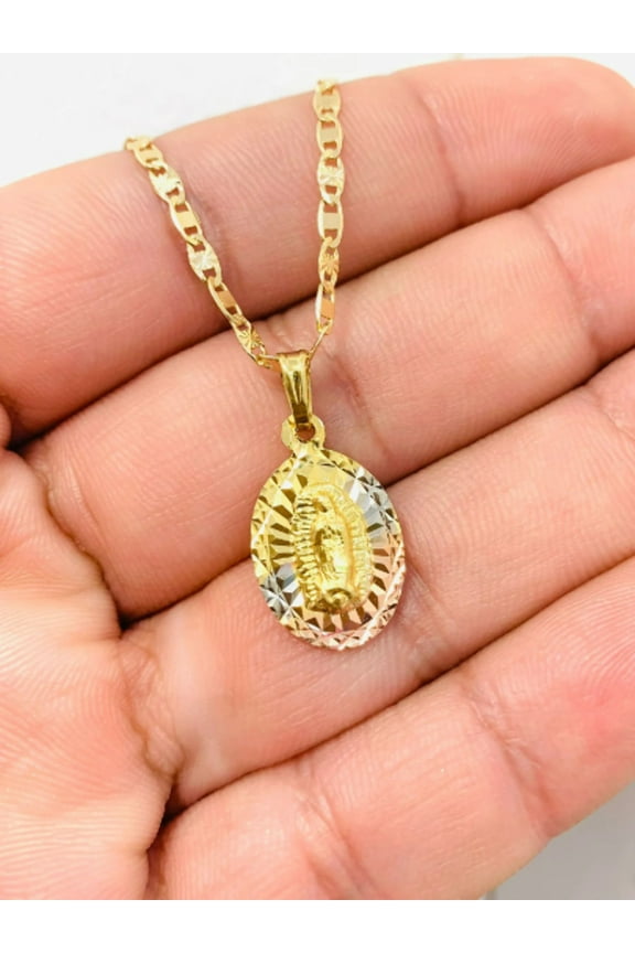 New Virgen de Guadalupe Necklace Valentino Chain Gold Filled Diamond Cut Pendant Tri Color Everyday Necklace / Cadena y Dije de la Guadalupe